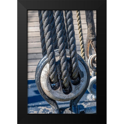 Tarred Nautical rope and pulley-San Francisco-California-USA Black Modern Wood Framed Art Print by Engelbrecht, Jim