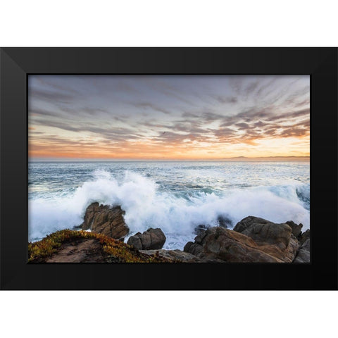 Crashing winter waves on the rocks of Lovers Point in Pacific Grove-Monterey Peninsula-California Black Modern Wood Framed Art Print by Haddad, Sheila