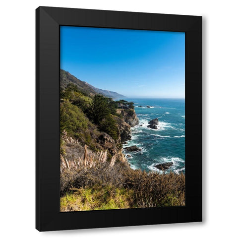The rugged coastline of Big Sur with wisps of fog drifting into the hills Black Modern Wood Framed Art Print by Haddad, Sheila