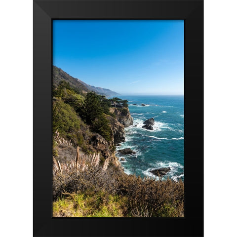 The rugged coastline of Big Sur with wisps of fog drifting into the hills Black Modern Wood Framed Art Print by Haddad, Sheila