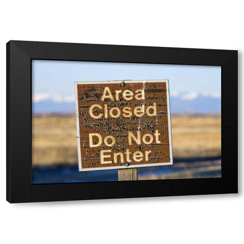 CO, An aged warning sign in the Monte Vista NWR Black Modern Wood Framed Art Print by Lord, Fred