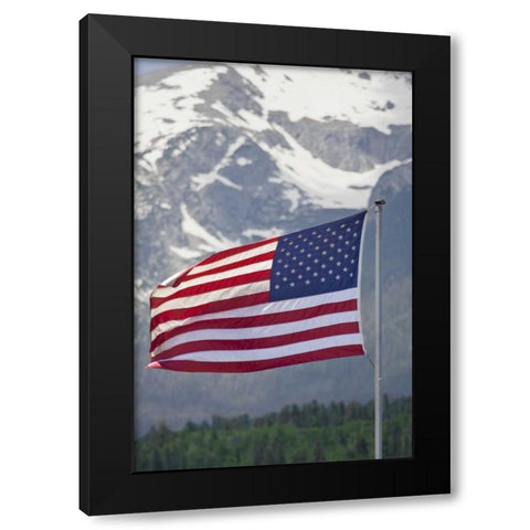 CO, Silverthorne American flag and mountain Black Modern Wood Framed Art Print by Lord, Fred