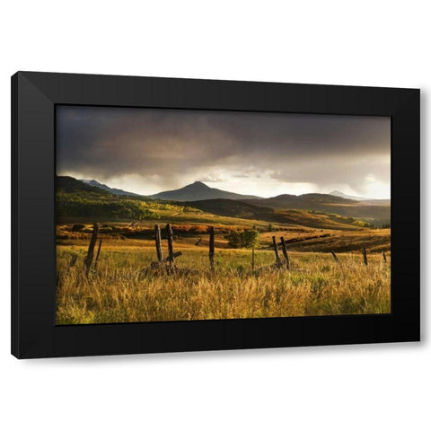 CO, San Juan Mts Landscape and fence at sunset Black Modern Wood Framed Art Print with Double Matting by Bush, Marie