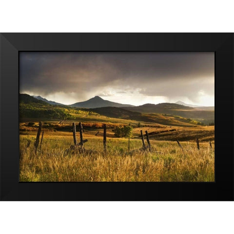 CO, San Juan Mts Landscape and fence at sunset Black Modern Wood Framed Art Print by Bush, Marie