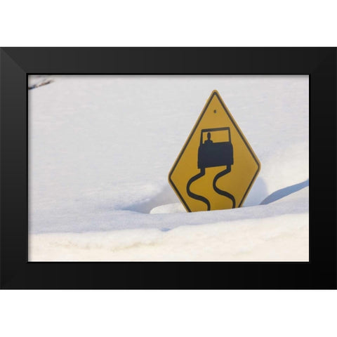 Colorado A slippery when wet sign buried in snow Black Modern Wood Framed Art Print by Grall, Don