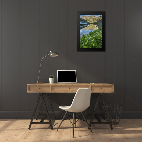 CO, San Juan Mts Lake reflection and marigolds Black Modern Wood Framed Art Print by Illg, Cathy and Gordon