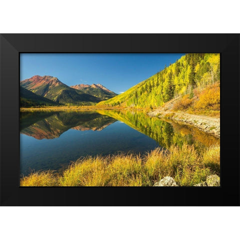 Colorado-San Juan Mountains Crystal Lake reflection in autumn  Black Modern Wood Framed Art Print by Jaynes Gallery