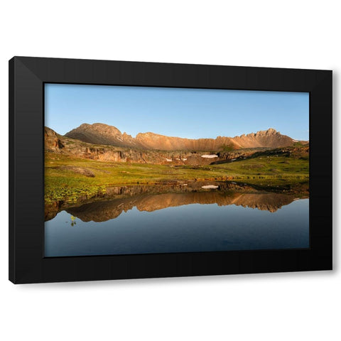 USA-Colorado-Uncompahgre National Forest Three Needles mountains reflect in mountain pond Black Modern Wood Framed Art Print by Jaynes Gallery