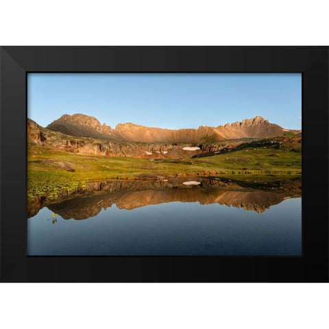USA-Colorado-Uncompahgre National Forest Three Needles mountains reflect in mountain pond Black Modern Wood Framed Art Print by Jaynes Gallery
