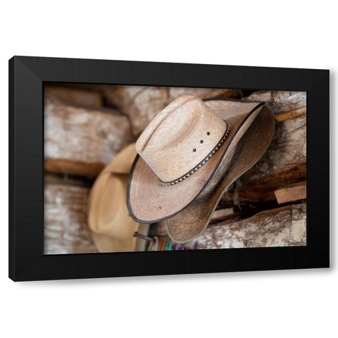 USA-Colorado-Westcliffe Music Meadows Ranch Tack room-cowboy hat detail Black Modern Wood Framed Art Print by Hopkins, Cindy Miller