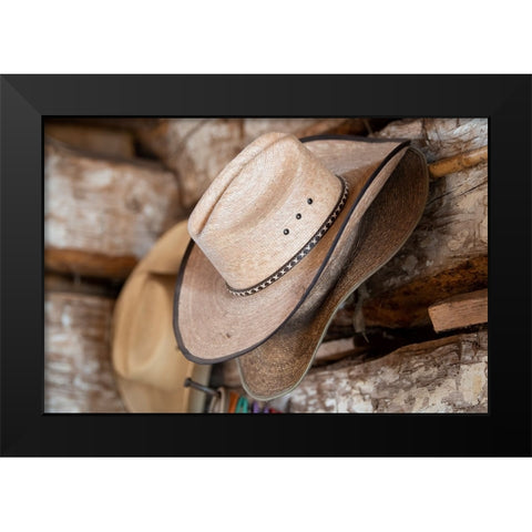 USA-Colorado-Westcliffe Music Meadows Ranch Tack room-cowboy hat detail Black Modern Wood Framed Art Print by Hopkins, Cindy Miller