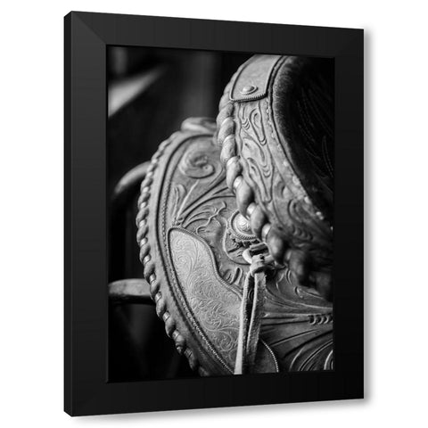 USA-Colorado-Custer County-Westcliffe-Music Meadows Ranch Tack room Tooled leather western saddle Black Modern Wood Framed Art Print with Double Matting by Hopkins, Cindy Miller