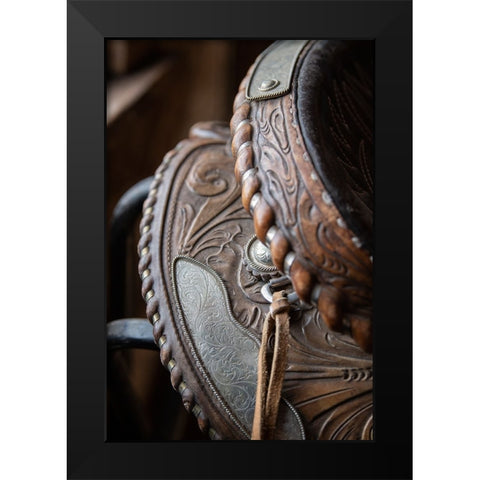 USA-Colorado-Custer County-Westcliffe-Music Meadows Ranch Tack room Tooled leather western saddle Black Modern Wood Framed Art Print by Hopkins, Cindy Miller