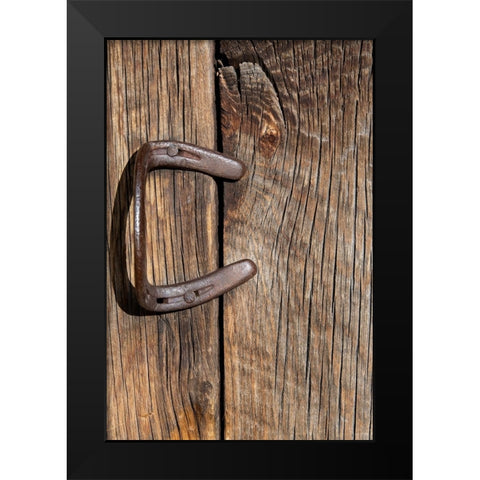 USA-Colorado-Westcliffe Old wooden barn wall with bent horseshoe handle Black Modern Wood Framed Art Print by Hopkins, Cindy Miller