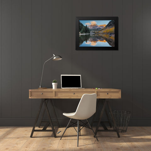 Colorado-Maroon Bells Mountain lake reflections in autumn sunrise Black Modern Wood Framed Art Print by Eggers, Julie