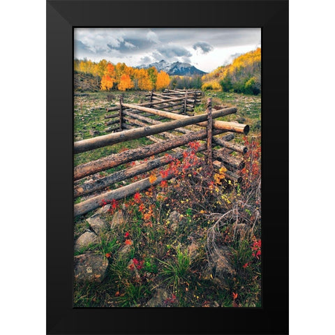 A log fence leads to the horizon on Dallas divide near Telluride in the Colorado Rocky Mountains Black Modern Wood Framed Art Print by SMO