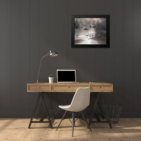 Geese in the mist in Colorados Rocky Mountains Black Modern Wood Framed Art Print by SMO