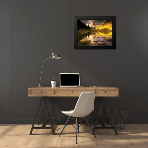 Maroon bells near Aspen Colorado in full Fall blazing yellow color Black Modern Wood Framed Art Print by SMO