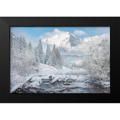 Winter comes to the maroon bells near Aspen Colorado in the Rocky Mountains Black Modern Wood Framed Art Print by SMO