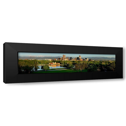 Denver skyline glistens in front of the Rocky Mountains Black Modern Wood Framed Art Print by SMO