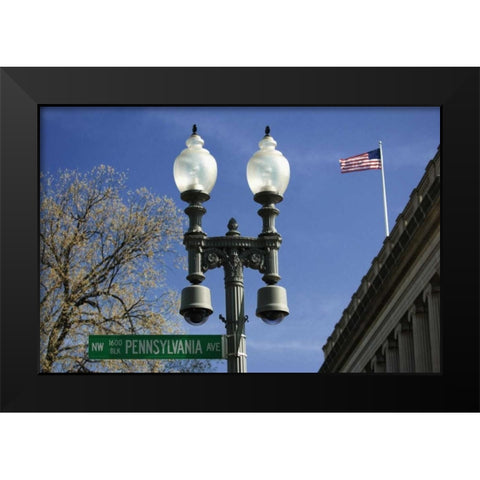 Washington DC, Historic street sign and lamp Black Modern Wood Framed Art Print by Flaherty, Dennis