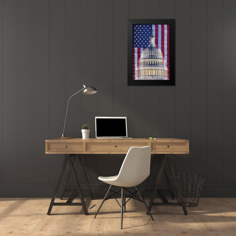 Washington, DC US flag and US Capitol building Black Modern Wood Framed Art Print by Flaherty, Dennis