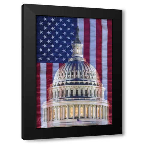 Washington, DC US flag and US Capitol building Black Modern Wood Framed Art Print by Flaherty, Dennis