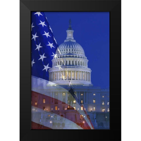 Washington, DC US flag and US Capitol building Black Modern Wood Framed Art Print by Flaherty, Dennis