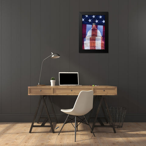 Washington, DC US flag and US Capitol building Black Modern Wood Framed Art Print by Flaherty, Dennis