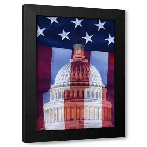 Washington, DC US flag and US Capitol building Black Modern Wood Framed Art Print by Flaherty, Dennis