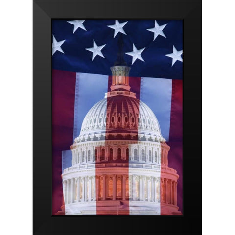 Washington, DC US flag and US Capitol building Black Modern Wood Framed Art Print by Flaherty, Dennis