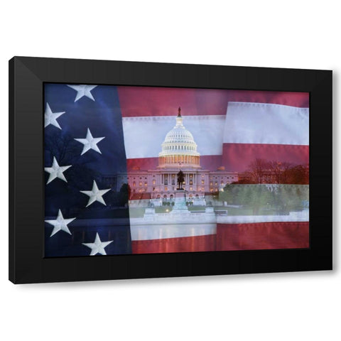 Washington DC, US flag over US Capitol buildings Black Modern Wood Framed Art Print by Flaherty, Dennis