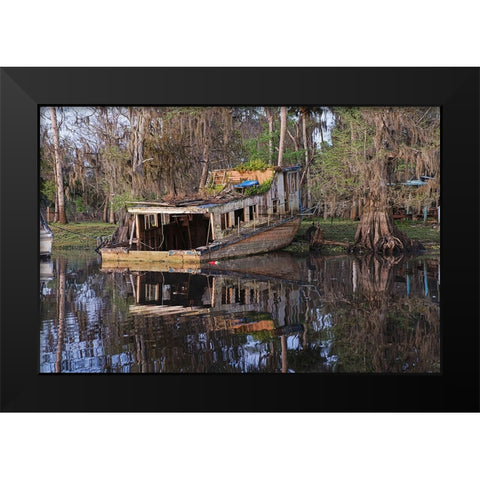 Early spring view of old abandoned boat-blackwater area of St Johns River-central Florida Black Modern Wood Framed Art Print by Jones, Adam