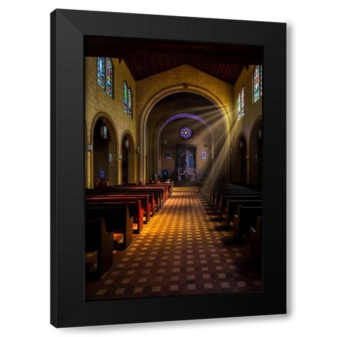 Golden light of sunrays coming into the stained glass windows of St Leos Abbey in Florida Black Modern Wood Framed Art Print with Double Matting by Haddad, Sheila
