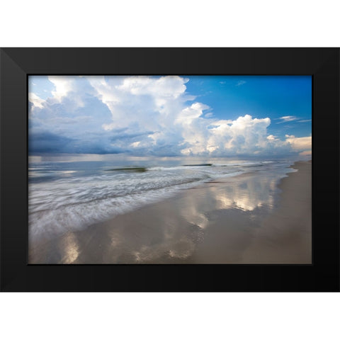 USA- Georgia- Tybee Island. Sunrise with clouds and reflections along the coast. Black Modern Wood Framed Art Print by Wells, Joanne