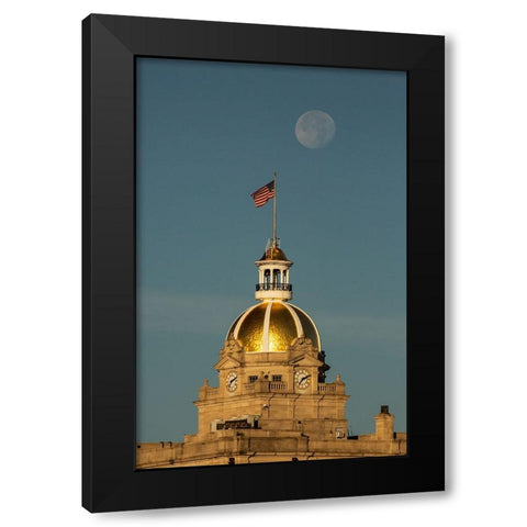 USA- Georgia- Savannah. Moon setting over gold dome at City Hall. Black Modern Wood Framed Art Print by Wells, Joanne