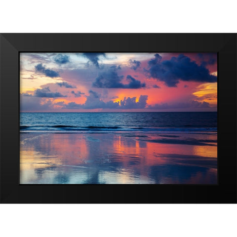 USA- Georgia- Tybee Island. Sunrise with reflections and clouds. Black Modern Wood Framed Art Print by Wells, Joanne