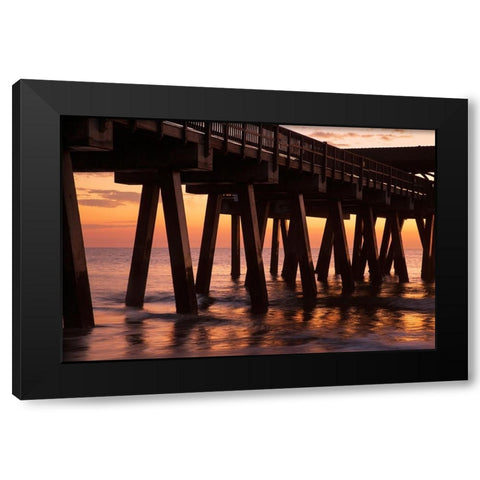 USA- Georgia. Silhouette of a pier in the sunrise- near Savannah. Black Modern Wood Framed Art Print by Wells, Joanne