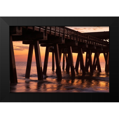 USA- Georgia. Silhouette of a pier in the sunrise- near Savannah. Black Modern Wood Framed Art Print by Wells, Joanne