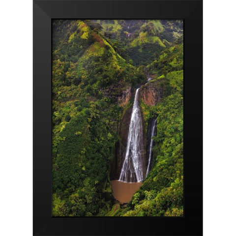 Lush Inland waterfalls during helicopter tour in Kauai-Hawaii-USA Black Modern Wood Framed Art Print by Haney, Chuck