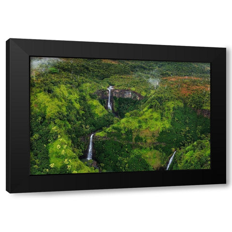 Lush Inland waterfalls during helicopter tour in Kauai-Hawaii-USA Black Modern Wood Framed Art Print by Haney, Chuck