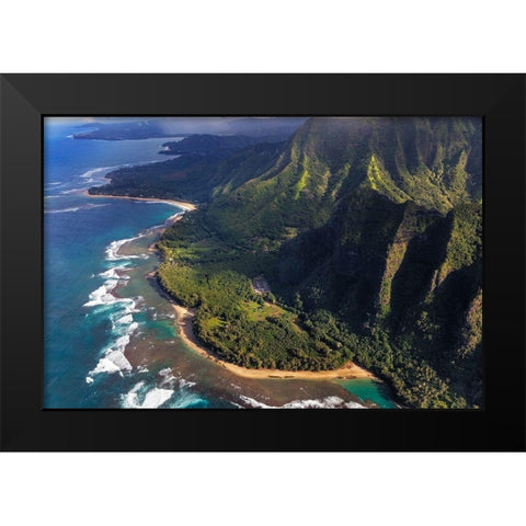 Aerial view of Kee Beach and the Napali Coastline in Kauai-Hawaii-USA Black Modern Wood Framed Art Print by Haney, Chuck