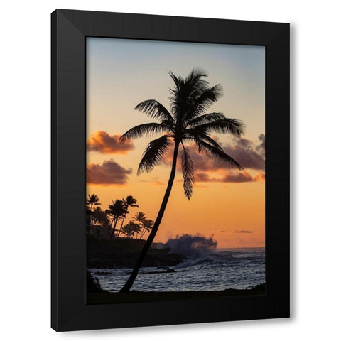 Coconut palm trees silhouetted against vivid sunrise clouds at Poipu Beach in Kauai-Hawaii-USA Black Modern Wood Framed Art Print with Double Matting by Haney, Chuck