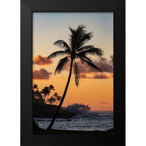 Coconut palm trees silhouetted against vivid sunrise clouds at Poipu Beach in Kauai-Hawaii-USA Black Modern Wood Framed Art Print by Haney, Chuck