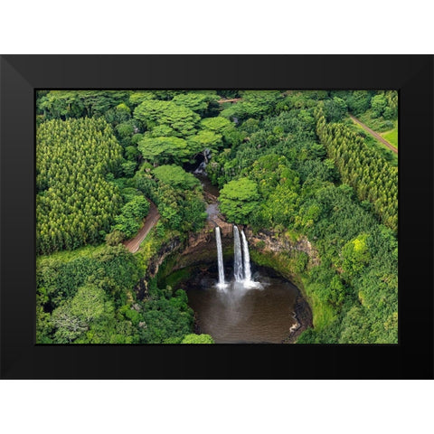Aerial view of Wailua Falls in Kauai-Hawaii-USA Black Modern Wood Framed Art Print by Haney, Chuck