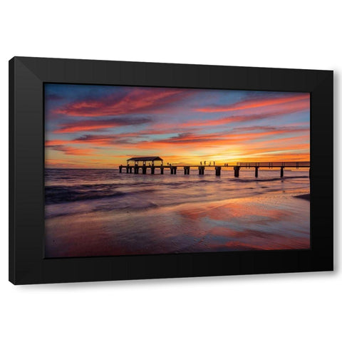 Vivid sunrise clouds silhouette Waimea Pier with Niihau Island in distance in Kauai-Hawaii-USA Black Modern Wood Framed Art Print with Double Matting by Haney, Chuck