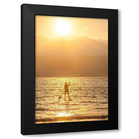 Hawaii-Kauai-Hanalei bay with paddle boarder at sunset Black Modern Wood Framed Art Print with Double Matting by Gulin, Sylvia