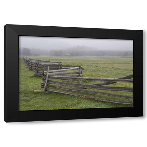 Idaho, Sawtooth Mts Fence in misty farm country Black Modern Wood Framed Art Print with Double Matting by Flaherty, Dennis