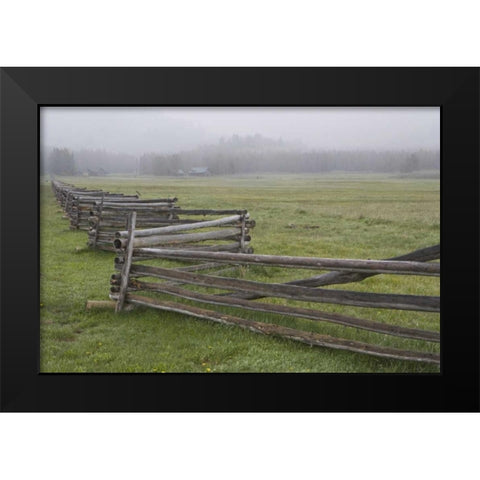 Idaho, Sawtooth Mts Fence in misty farm country Black Modern Wood Framed Art Print by Flaherty, Dennis