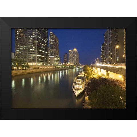 Illinois, Chicago Night along the Chicago River Black Modern Wood Framed Art Print by Flaherty, Dennis